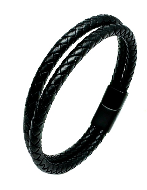 Czarna bransoletka rzemykowa ze skóry ekologicznej i stali nierdzewnej, z podwójnym splotem rzemykowym