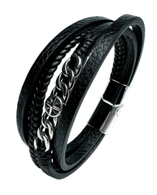 Czarna bransoletka rzemykowa ze skóry ekologicznej i stali nierdzewnej, ze zdobionym łańcuchem i kompasem ze stali