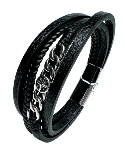 Czarna bransoletka rzemykowa ze skóry ekologicznej i stali nierdzewnej, ze zdobionym łańcuchem i kompasem ze stali