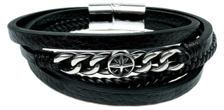 Czarna bransoletka rzemykowa ze skóry ekologicznej i stali nierdzewnej, ze zdobionym łańcuchem i kompasem ze stali