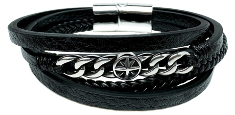 Czarna bransoletka rzemykowa ze skóry ekologicznej i stali nierdzewnej, ze zdobionym łańcuchem i kompasem ze stali