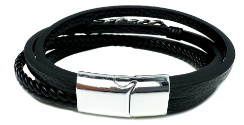 Czarna bransoletka rzemykowa ze skóry ekologicznej i stali nierdzewnej, ze zdobionym łańcuchem i kompasem ze stali