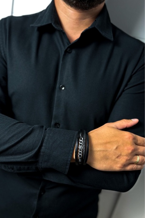 Czarna bransoletka rzemykowa ze skóry ekologicznej i stali nierdzewnej, ze zdobionym łańcuchem i kompasem ze stali