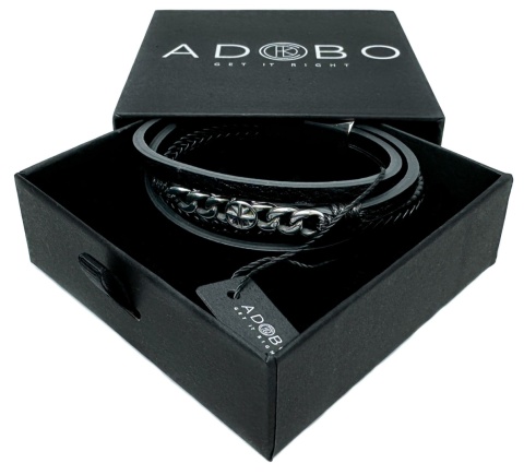 Czarna bransoletka rzemykowa ze skóry ekologicznej i stali nierdzewnej, ze zdobionym łańcuchem i kompasem ze stali