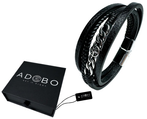 Czarna bransoletka rzemykowa ze skóry ekologicznej i stali nierdzewnej, ze zdobionym łańcuchem i kompasem ze stali