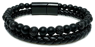 Czarna bransoletka rzemykowa ze skóry ekologicznej i skały wulkanicznej