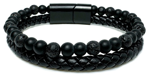 Czarna bransoletka rzemykowa ze skóry ekologicznej i skały wulkanicznej