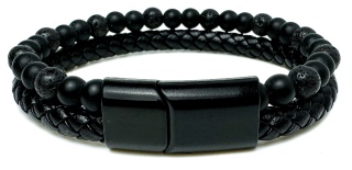 Czarna bransoletka rzemykowa ze skóry ekologicznej i skały wulkanicznej