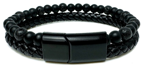 Czarna bransoletka rzemykowa ze skóry ekologicznej i skały wulkanicznej