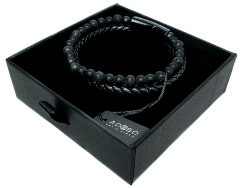 Czarna bransoletka rzemykowa ze skóry ekologicznej i skały wulkanicznej