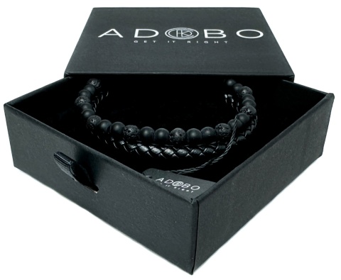 Czarna bransoletka rzemykowa ze skóry ekologicznej i skały wulkanicznej