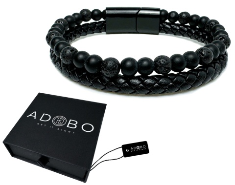 Czarna bransoletka rzemykowa ze skóry ekologicznej i skały wulkanicznej