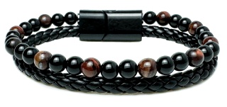 Czarna bransoletka rzemykowa ze skóry ekologicznej i z naturalnym kamieniem bawole oko