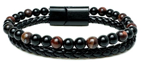 Czarna bransoletka rzemykowa ze skóry ekologicznej i z naturalnym kamieniem bawole oko