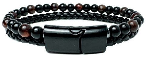 Czarna bransoletka rzemykowa ze skóry ekologicznej i z naturalnym kamieniem bawole oko