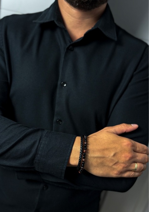 Czarna bransoletka rzemykowa ze skóry ekologicznej i z naturalnym kamieniem bawole oko