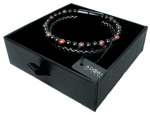 Czarna bransoletka rzemykowa ze skóry ekologicznej i z naturalnym kamieniem bawole oko