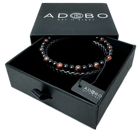 Czarna bransoletka rzemykowa ze skóry ekologicznej i z naturalnym kamieniem bawole oko