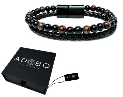 Czarna bransoletka rzemykowa ze skóry ekologicznej i z naturalnym kamieniem bawole oko