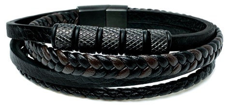 Czarna bransoletka rzemykowa ze skóry ekologicznej i zdobieniami ze stali nierdzewnej