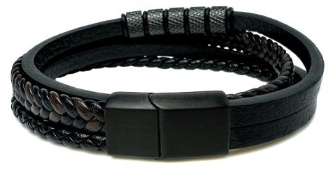 Czarna bransoletka rzemykowa ze skóry ekologicznej i zdobieniami ze stali nierdzewnej