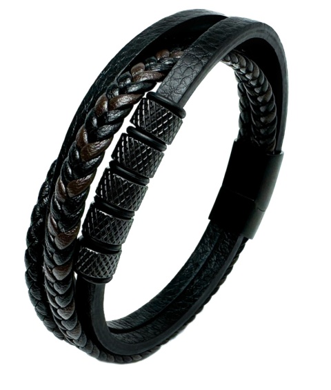 Czarna bransoletka rzemykowa ze skóry ekologicznej i zdobieniami ze stali nierdzewnej