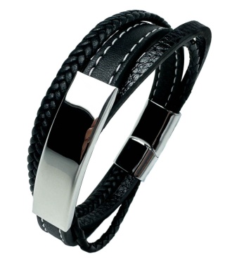 Czarna bransoletka rzemykowa ze skóry ekologicznej i zdobieniami ze stali nierdzewnej, z białym szwem