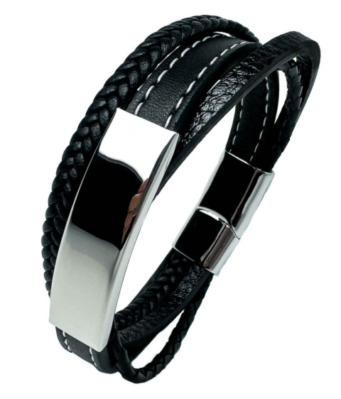Czarna bransoletka rzemykowa ze skóry ekologicznej i zdobieniami ze stali nierdzewnej, z białym szwem