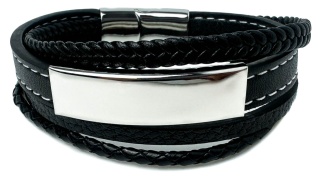 Czarna bransoletka rzemykowa ze skóry ekologicznej i zdobieniami ze stali nierdzewnej, z białym szwem