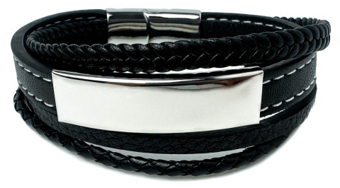 Czarna bransoletka rzemykowa ze skóry ekologicznej i zdobieniami ze stali nierdzewnej, z białym szwem