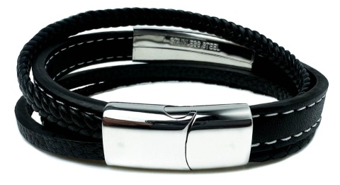Czarna bransoletka rzemykowa ze skóry ekologicznej i zdobieniami ze stali nierdzewnej, z białym szwem