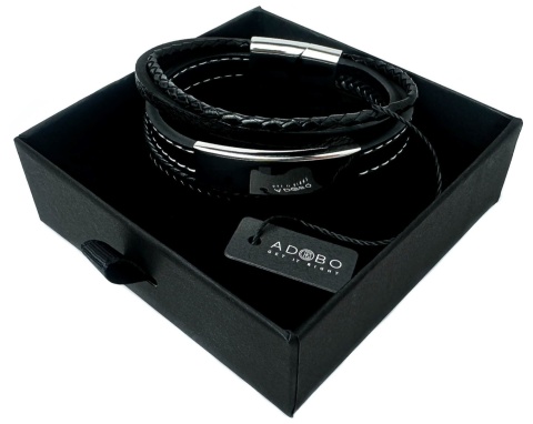 Czarna bransoletka rzemykowa ze skóry ekologicznej i zdobieniami ze stali nierdzewnej, z białym szwem