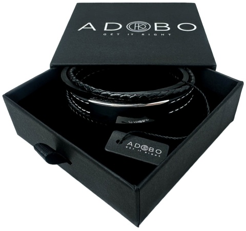 Czarna bransoletka rzemykowa ze skóry ekologicznej i zdobieniami ze stali nierdzewnej, z białym szwem