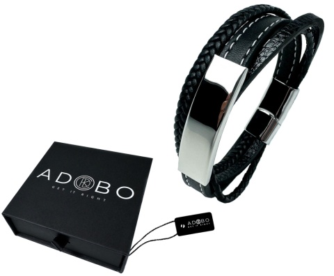 Czarna bransoletka rzemykowa ze skóry ekologicznej i zdobieniami ze stali nierdzewnej, z białym szwem