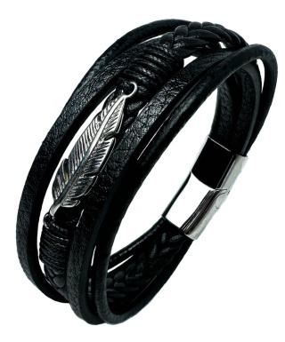 Czarna bransoletka rzemykowa ze skóry ekologicznej, z ptasim piórem ze stali nierdzewnej