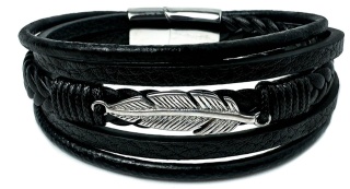 Czarna bransoletka rzemykowa ze skóry ekologicznej, z ptasim piórem ze stali nierdzewnej