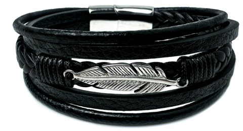 Czarna bransoletka rzemykowa ze skóry ekologicznej, z ptasim piórem ze stali nierdzewnej