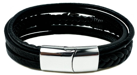 Czarna bransoletka rzemykowa ze skóry ekologicznej, z ptasim piórem ze stali nierdzewnej