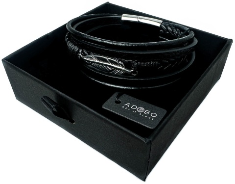 Czarna bransoletka rzemykowa ze skóry ekologicznej, z ptasim piórem ze stali nierdzewnej