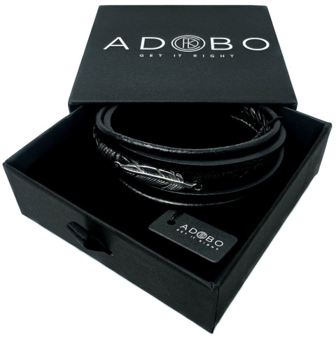 Czarna bransoletka rzemykowa ze skóry ekologicznej, z ptasim piórem ze stali nierdzewnej