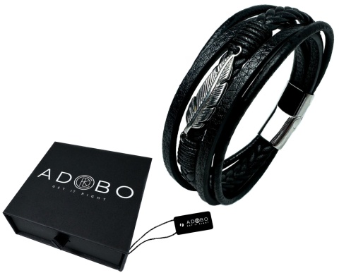 Czarna bransoletka rzemykowa ze skóry ekologicznej, z ptasim piórem ze stali nierdzewnej