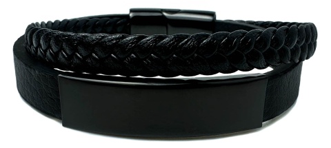 Czarna bransoletka rzemykowa ze skóry ekologicznej i zdobieniami ze stali nierdzewnej