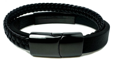 Czarna bransoletka rzemykowa ze skóry ekologicznej i zdobieniami ze stali nierdzewnej