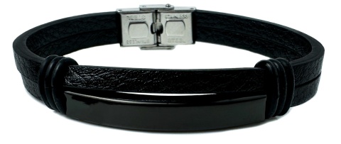 Czarna bransoletka rzemykowa ze skóry ekologicznej i zdobieniami ze stali nierdzewnej
