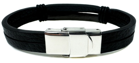 Czarna bransoletka rzemykowa ze skóry ekologicznej i zdobieniami ze stali nierdzewnej