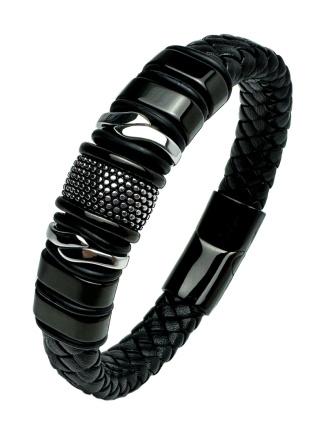 Czarna bransoletka rzemykowa ze skóry ekologicznej i zdobieniami ze stali nierdzewnej