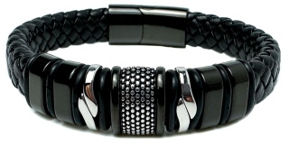 Czarna bransoletka rzemykowa ze skóry ekologicznej i zdobieniami ze stali nierdzewnej