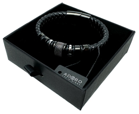 Czarna bransoletka rzemykowa ze skóry ekologicznej i zdobieniami ze stali nierdzewnej