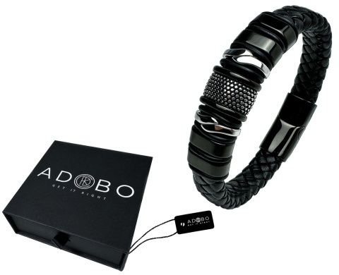 Czarna bransoletka rzemykowa ze skóry ekologicznej i zdobieniami ze stali nierdzewnej