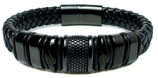 Czarna bransoletka rzemykowa ze skóry ekologicznej i zdobieniami ze stali nierdzewnej